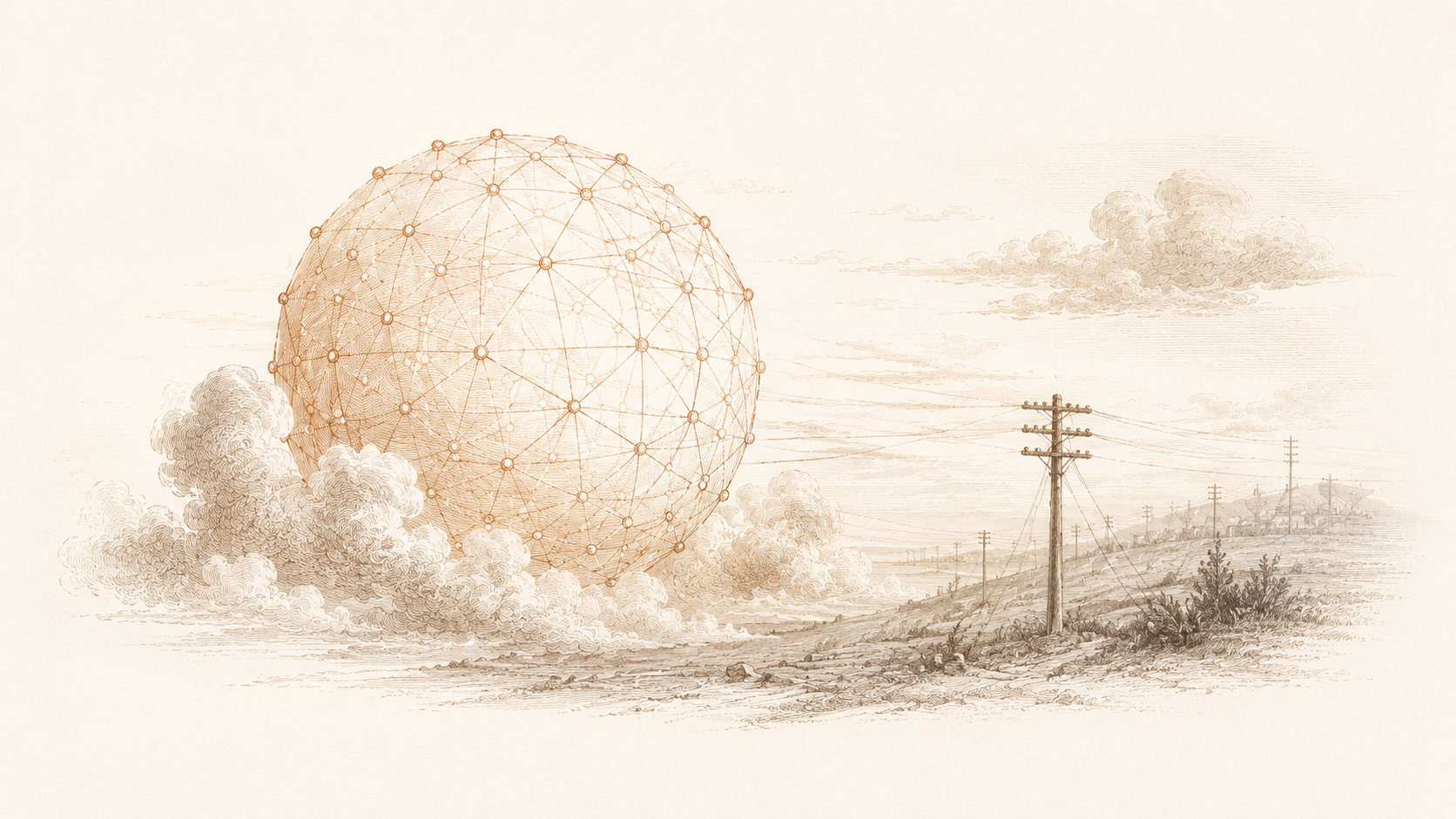 Networked sphere and telegraph poles representing early internet utopianism and fragmented infrastructure.