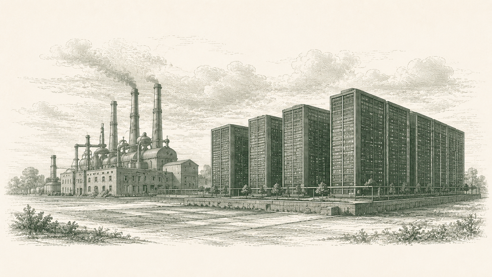Industrial facility and data center representing the material infrastructure of AI power.