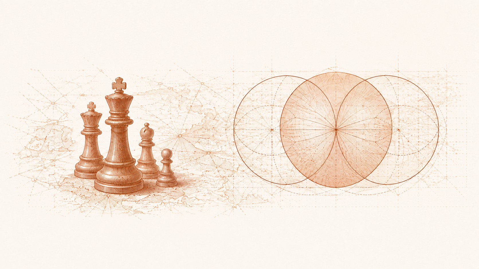Chess pieces and overlapping geometric circles representing ideological competition and collision.