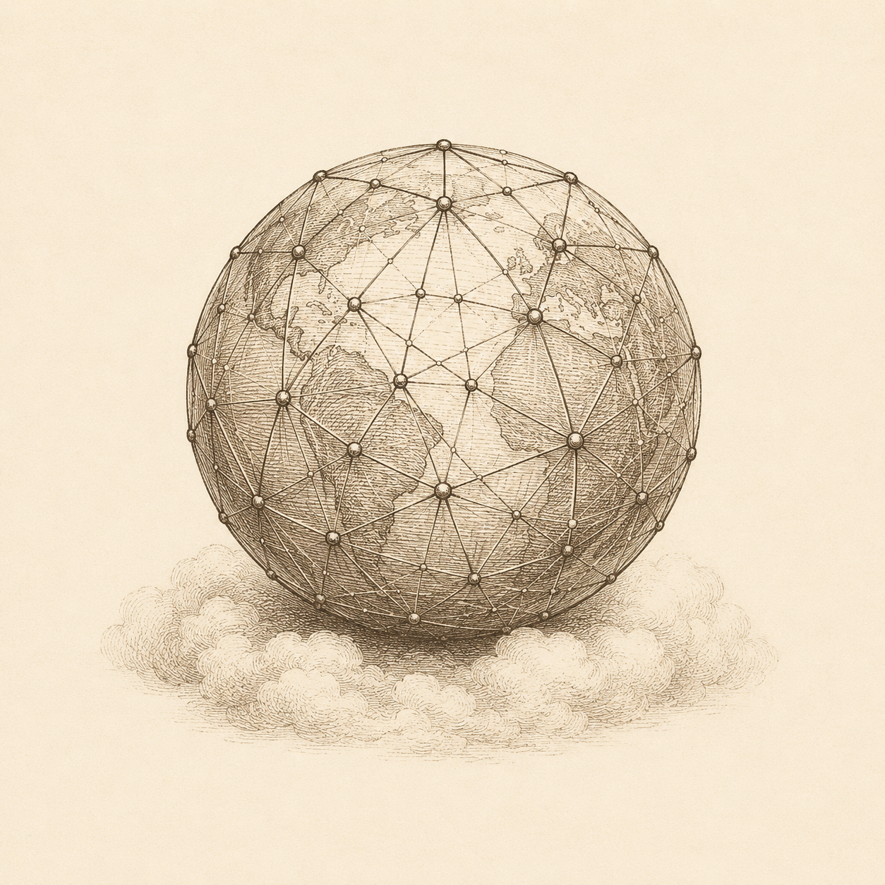 Antique engraved networked globe representing cyber-utopianism.