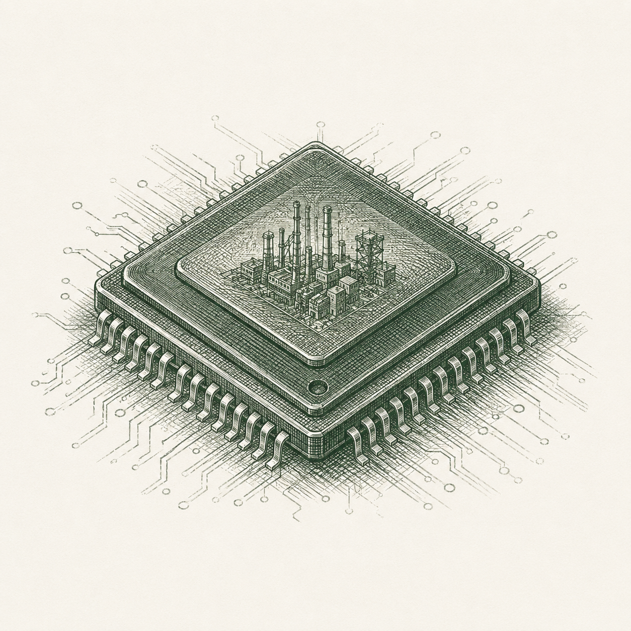Microchip containing an industrial landscape, representing AI industrial sovereignty.