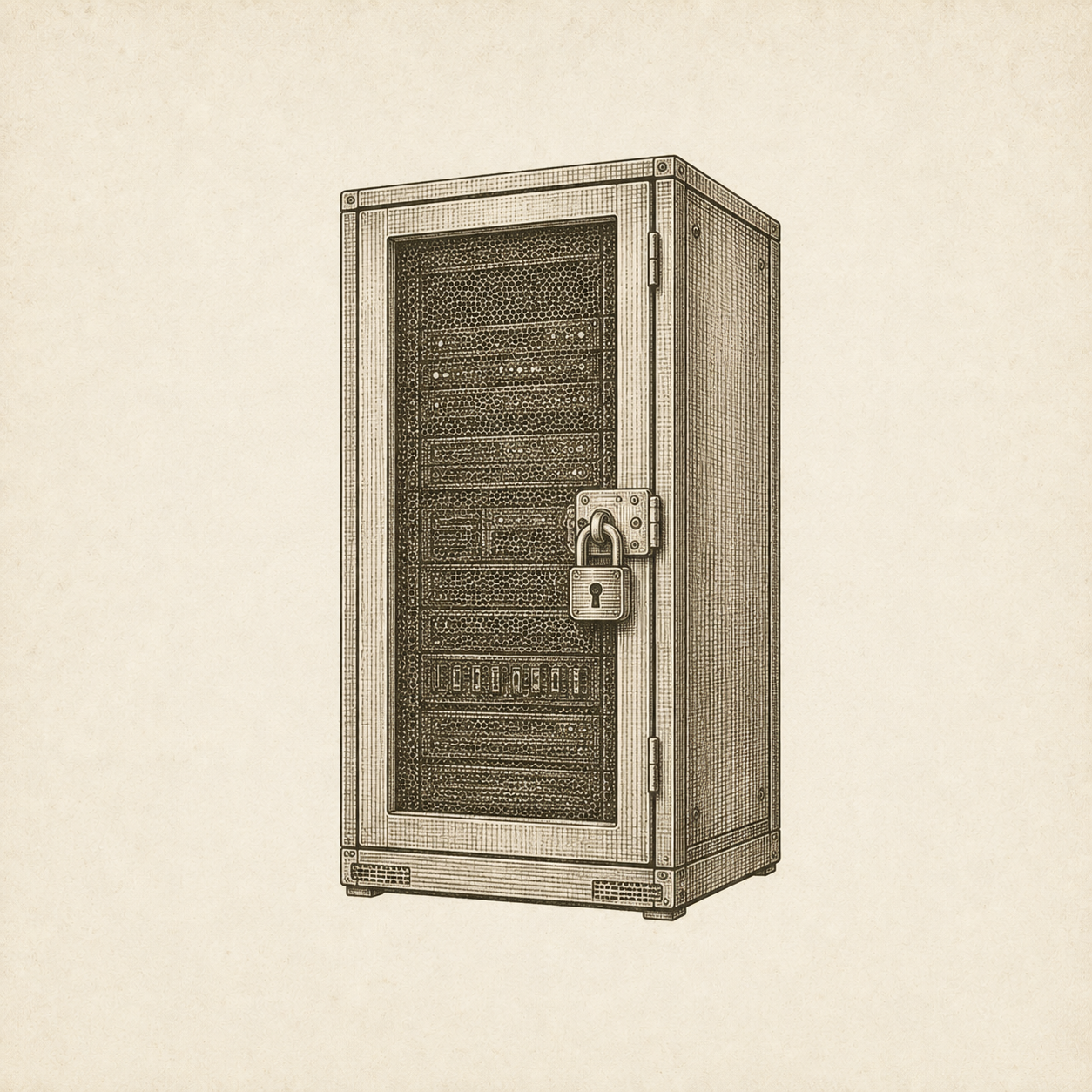 Locked server rack representing frontier AI infrastructure and private control.